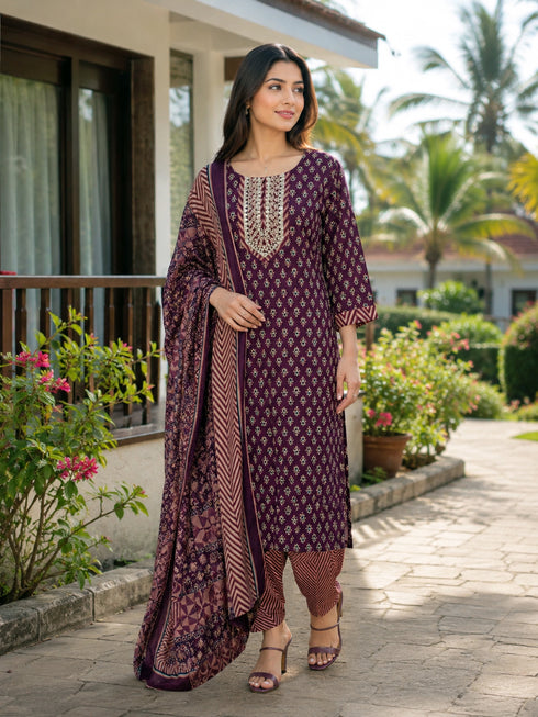 Wine Cotton Jaipuri Printed Kurta & Pant With Dupatta