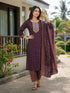 Wine Cotton Jaipuri Printed Kurta & Pant With Dupatta