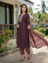 Wine Cotton Jaipuri Printed Kurta & Pant With Dupatta
