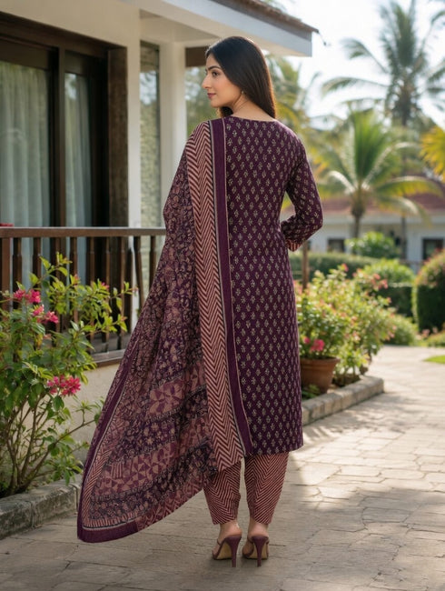 Wine Cotton Jaipuri Printed Kurta & Pant With Dupatta
