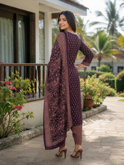 Wine Cotton Jaipuri Printed Kurta & Pant With Dupatta