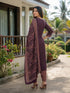 Wine Cotton Jaipuri Printed Kurta & Pant With Dupatta