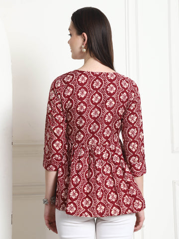 Maroon & Beige Rayon Foil Printed Short Top