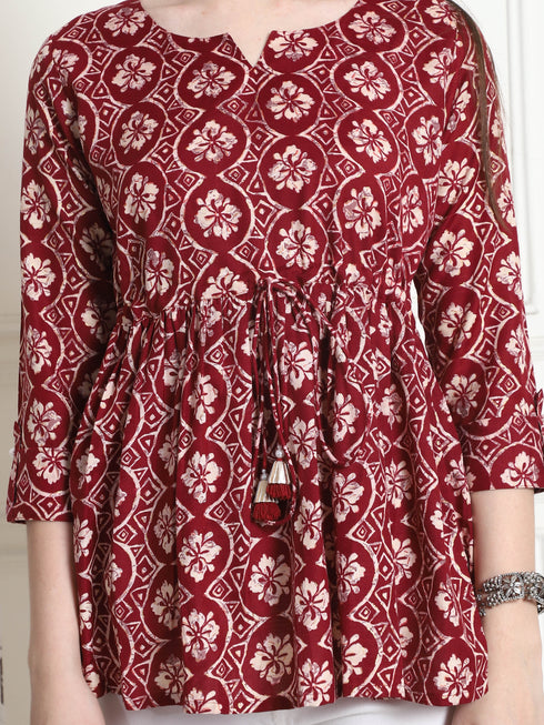Maroon & Beige Rayon Foil Printed Short Top