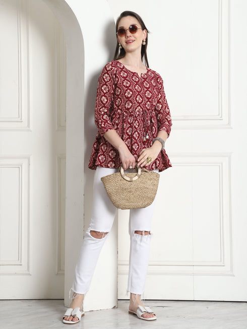 Maroon & Beige Rayon Foil Printed Short Top