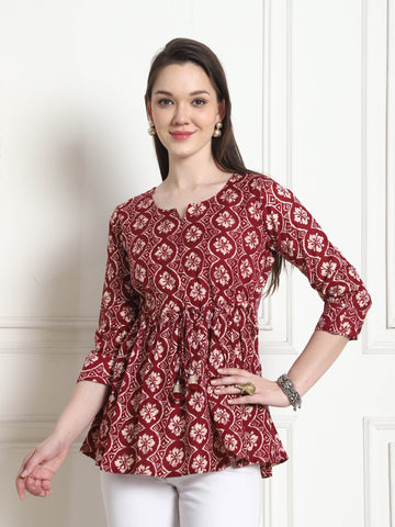 Maroon & Beige Rayon Foil Printed Short Top