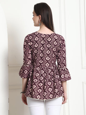 Wine & Beige Rayon Foil Printed Short Top