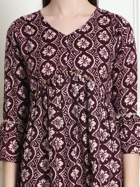 Wine & Beige Rayon Foil Printed Short Top