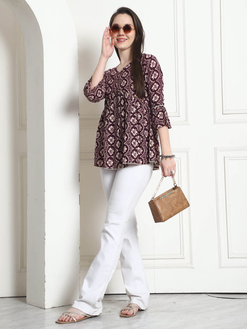 Wine & Beige Rayon Foil Printed Short Top