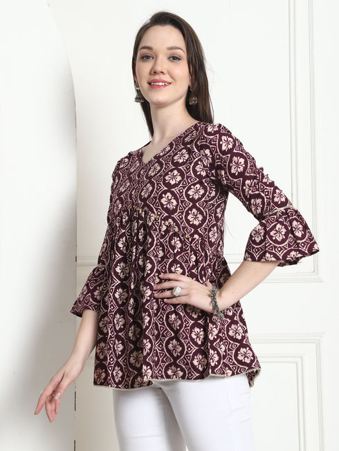 Wine & Beige Rayon Foil Printed Short Top