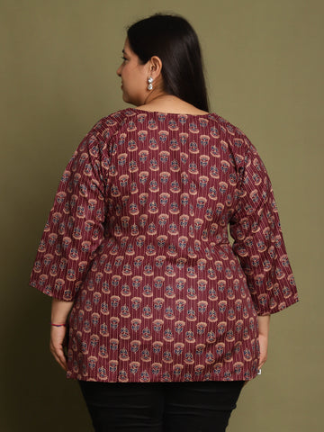 Wine Cotton Foil Printed Plus Size Tunic