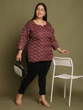 Wine Cotton Foil Printed Plus Size Tunic