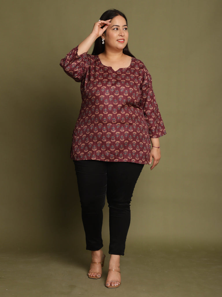 Wine Cotton Foil Printed Plus Size Tunic