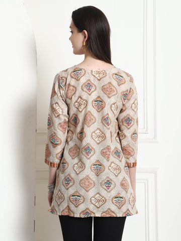 Beige Cotton Foil Printed Tunic