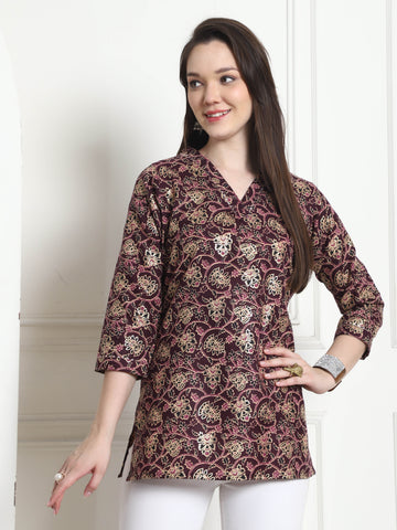 Wine Cotton Blend Foil Printed Tunic