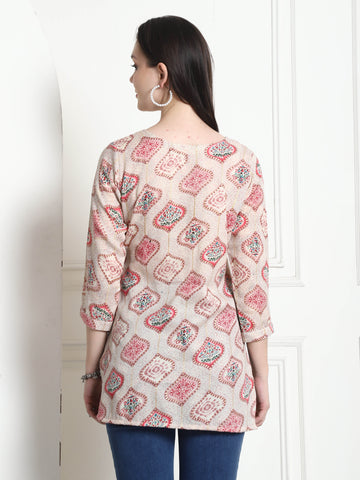 Beige Cotton Foil Printed Tunic