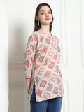 Beige Cotton Foil Printed Tunic