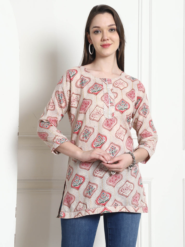 Beige Cotton Foil Printed Tunic