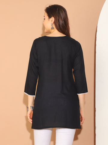 Black Rayon Floral Embroidered Tunic