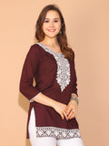 Wine Rayon Floral Embroidered Tunic