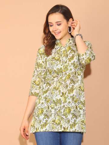 White & Mahendi Green Pure Cotton Floral Printed Tunic