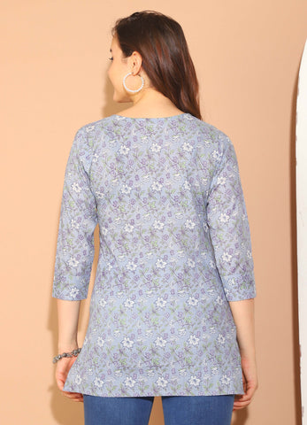 Light Blue Pure Cotton Floral Printed Tunic