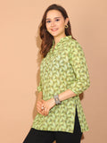 Beige & Parrot Green Pure Cotton Floral Printed Tunic