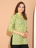 Beige & Parrot Green Pure Cotton Floral Printed Tunic