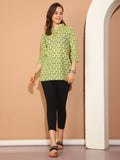 Beige & Parrot Green Pure Cotton Floral Printed Tunic