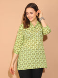 Beige & Parrot Green Pure Cotton Floral Printed Tunic