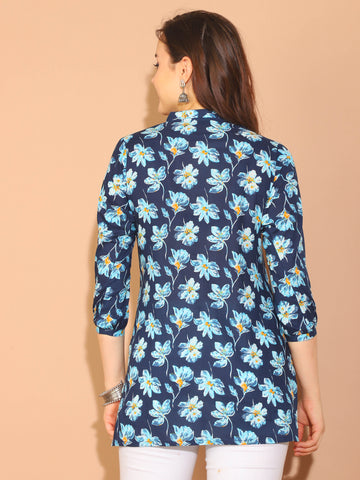 Navy Blue Pure Cotton Floral Printed Tunic