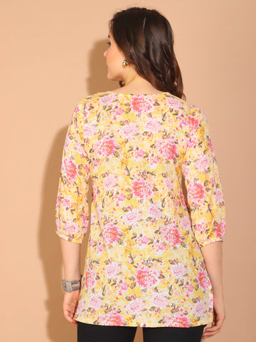 Light Yellow & Light Pink Pure Cotton Floral Printed Tunic