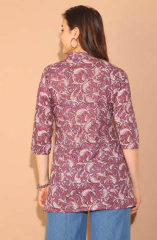 Mauve (Bluish Purple) Pure Cotton Floral Printed Tunic