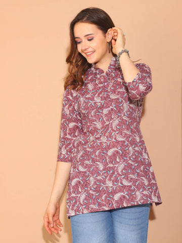 Mauve (Bluish Purple) Pure Cotton Floral Printed Tunic