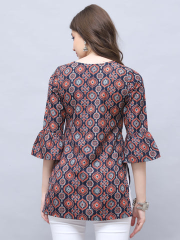 Navy Blue Cotton Blend Block Printed Tunic