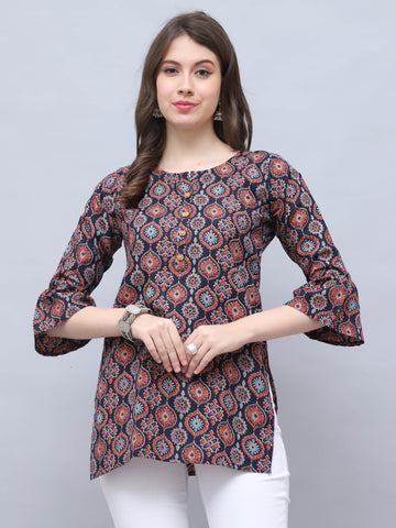 Navy Blue Cotton Blend Block Printed Tunic