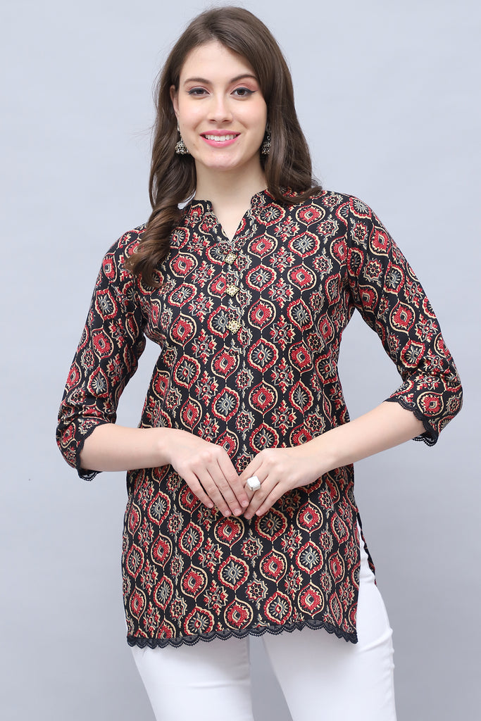 Black Cotton Blend Block Printed Tunic