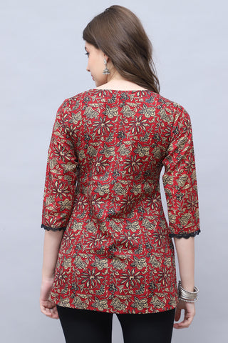 Maroon & Beige Cotton Blend Floral Printed Tunic