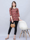 Maroon & Beige Cotton Blend Floral Printed Tunic