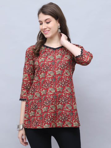 Maroon & Beige Cotton Blend Floral Printed Tunic