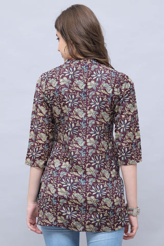 Wine & Beige Cotton Blend Floral Printed Tunic