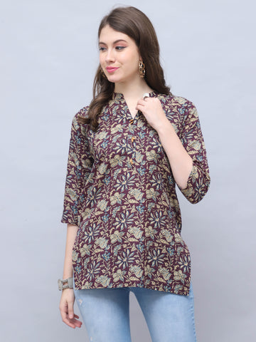 Wine & Beige Cotton Blend Floral Printed Tunic