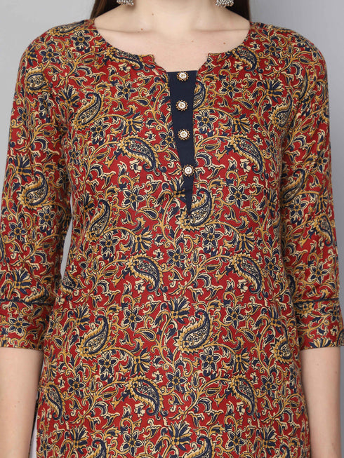Maroon & Blue Cotton Blend Floral Printed Tunic