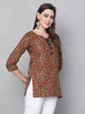 Maroon & Blue Cotton Blend Floral Printed Tunic