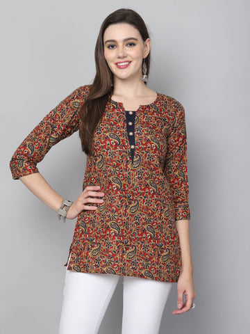 Maroon & Blue Cotton Blend Floral Printed Tunic