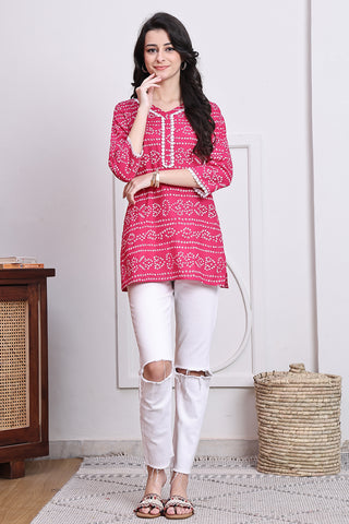 Pink Women's Cotton Bandhani Printed Tunic