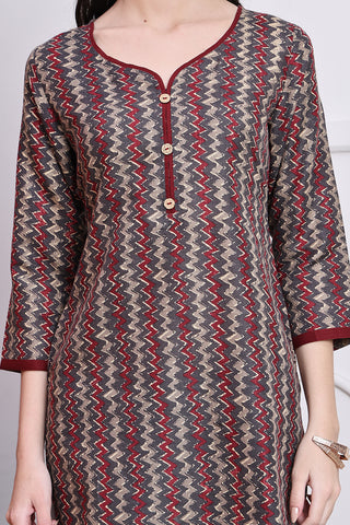 Grey & Maroon Women's Cotton Zig-Zag Printed Tunic