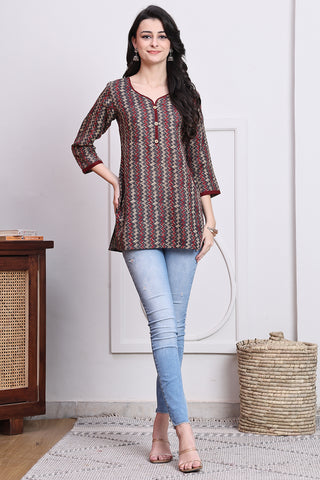 Grey & Maroon Women's Cotton Zig-Zag Printed Tunic