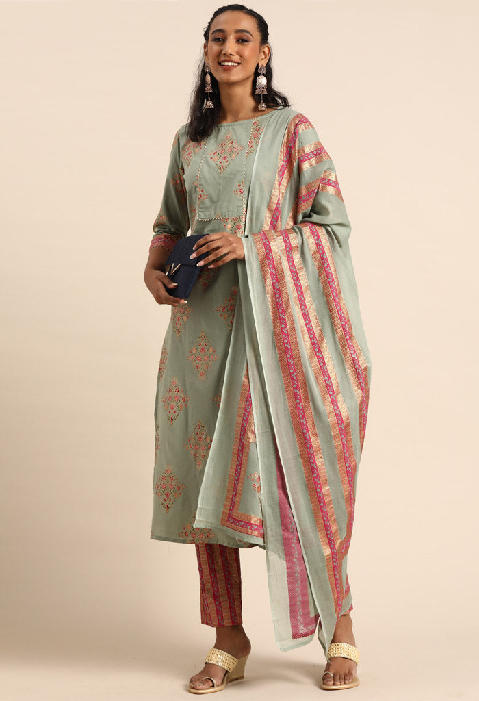 Sage Green Pure Cambric Cotton Jaipuri Printed Kurta Set With Dupatta