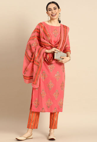 Pink Pure Cambric Cotton Jaipuri Printed Kurta Set With Dupatta